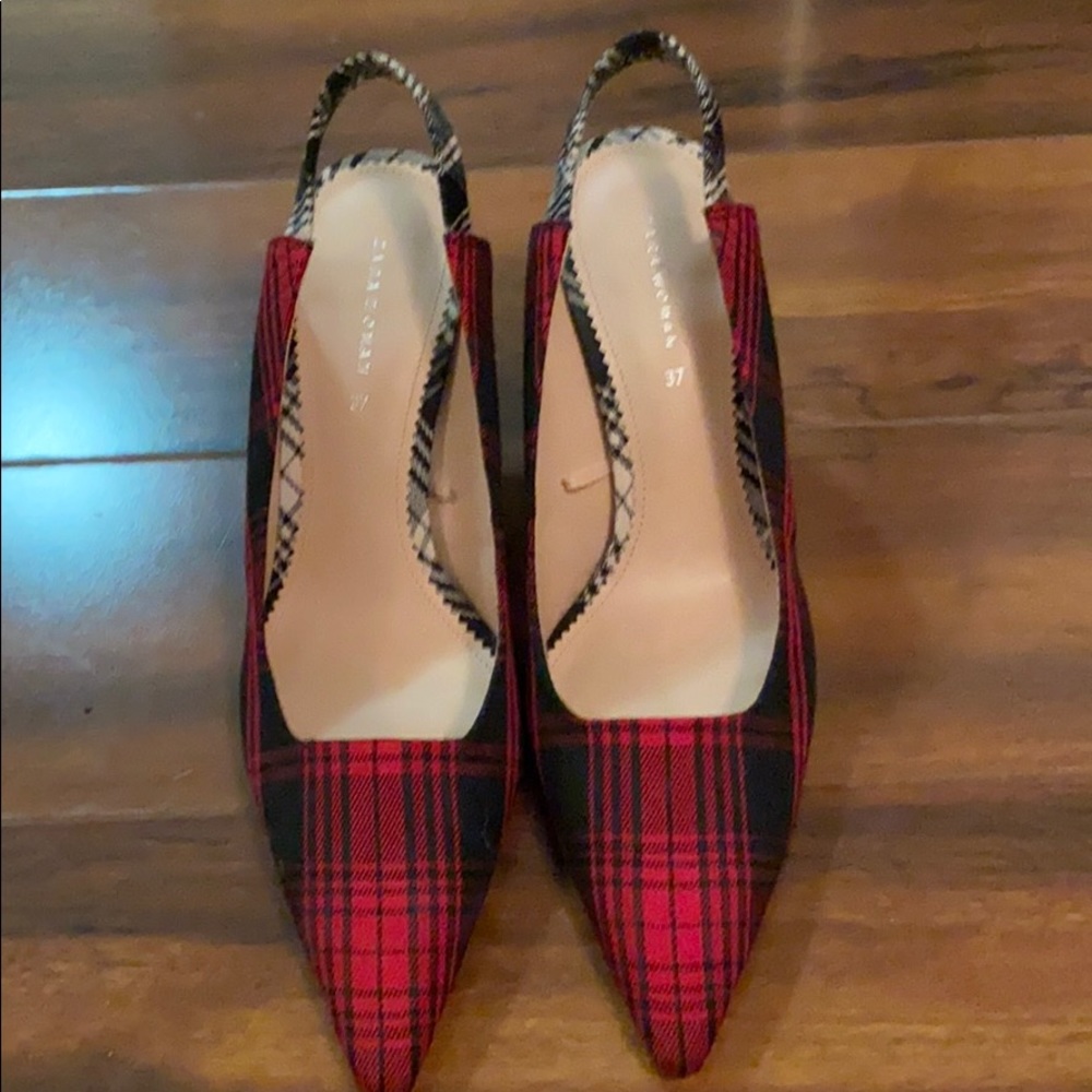 Zara red,black,and white plaid heels